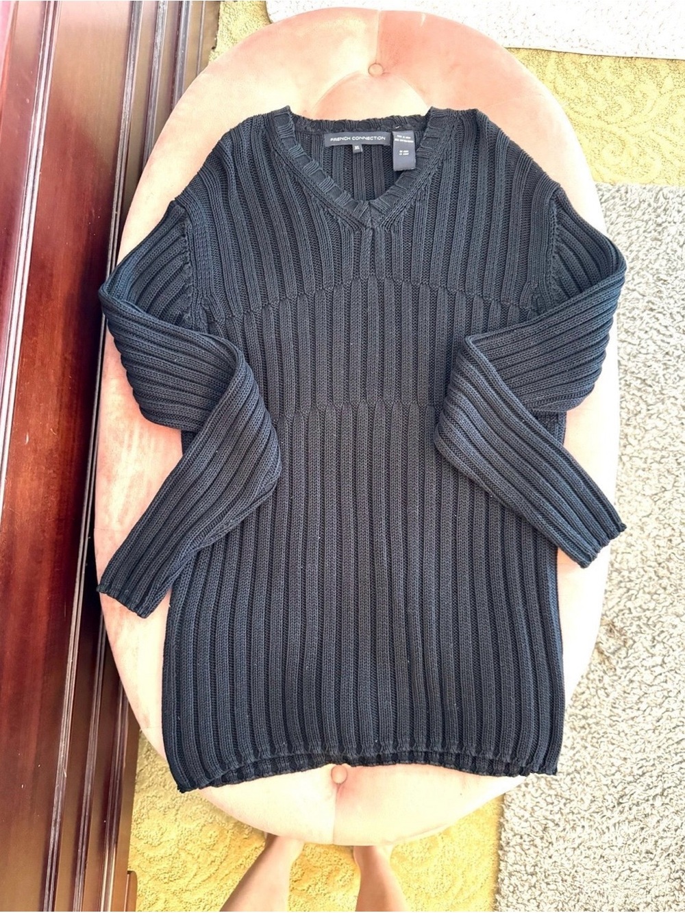 French Connection Men’s Sz XL Black Ribbed Knit V-Neck Sweater 100% Cotton